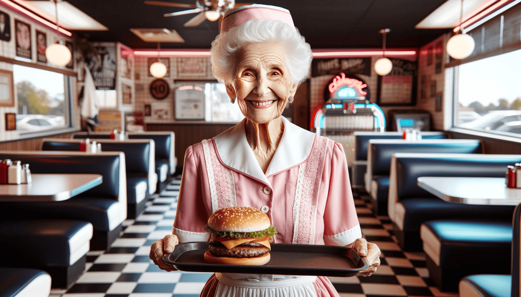 DALL·E-2024-01-23-11.28.45-A-100-year-old-woman-working-as-a-waitress-in-an-American-diner-with-a-burger-on-her-serving-tray.-She-is-dressed-in-a-retro-style-uniform-typical-of