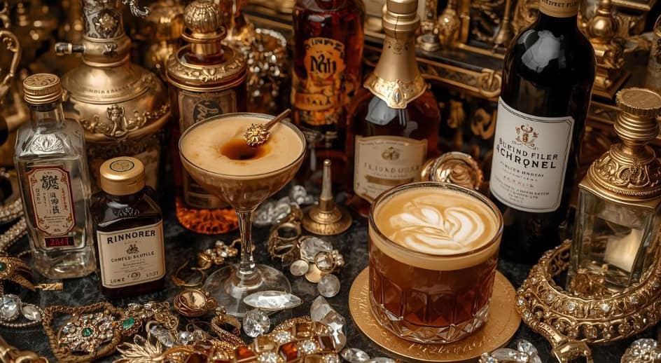 edle Flaschen teurer Getränke stehen auf einem Tisch voller Gold und Bling-Bling